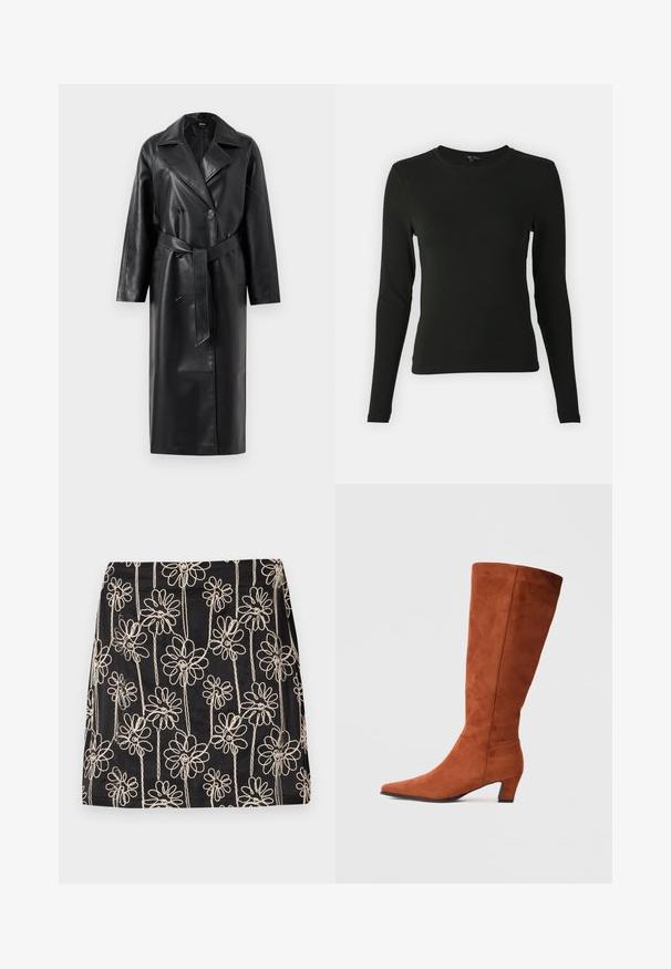 Melnas ādas tranšejers ar dubultu priekšpusi, lieliem klājiem, platām piedurknēm un noņemamu jostu jostasvietā. Gluda tekstūra.; Melnā garas formas krekls, izgatavots no gludas auduma, ar apaļu kakla izgriezumu un pieguļošu siluetu, bez redzamām rakstām vai akcentiem.; Melna svārku ar baltu ziedu izšuvumu un līkloču dizainu. Gluda tekstūra un pieguļoša forma, ar redzamām šuvju detaļām.; Brūni zamšveida augstie zābaki līdz ceļiem ar smailu purngalu un mazu blokveida papēdi, ar gludu tekstūru un minimālistisku dizainu.