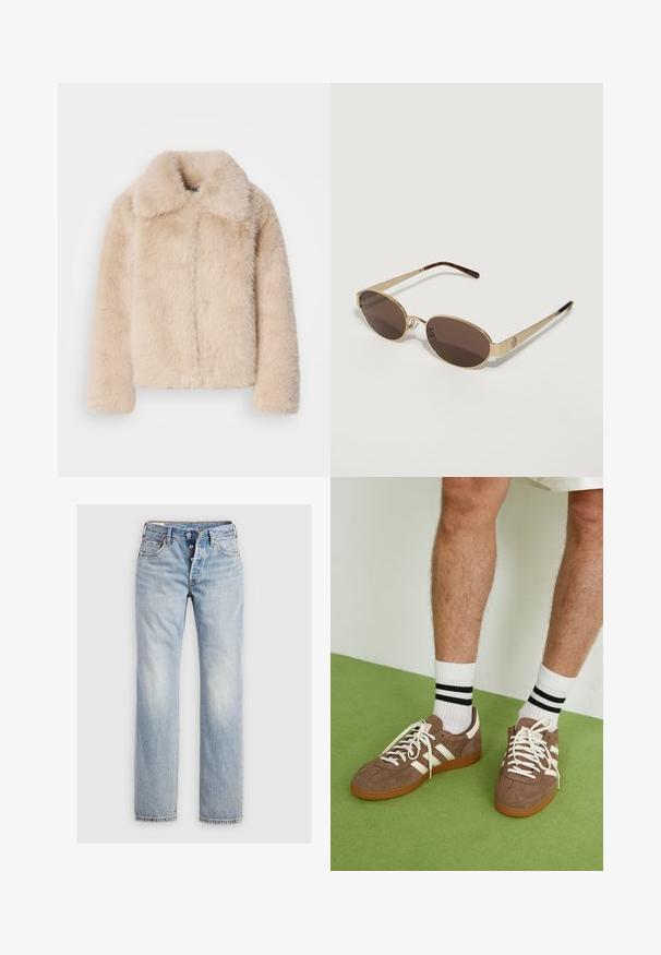 Krátká bunda z umělé kožešiny v světle béžové barvě s krátkým límcem a předním švem. Měkká textura s dlouhými, nadýchanými vlákny a dlouhými rukávy.; Hnědé bavlněné tričko s krátkými raglánovými rukávy, kulatým výstřihem a volným střihem, s jednotnou barvou bez vzorů nebo akcentů.; Světle modré džíny z denimu s rovnými nohavicemi, pěti knoflíky v pase a zadními kapsami s jemným prošíváním.; Hnědé semišové tenisky s bílými akcenty a tkaničkami. Gumová podrážka. Nošeny s bílými ponožkami s černými pruhy. Zelená strukturovaná podlaha.; Zlaté sluneční brýle s hnědými oválnými skly. Úzké nožičky mají vzor želvoviny a detail loga blízko pantů.; Tommy Hilfiger LIBRE SATCHEL - Kabelka - safari