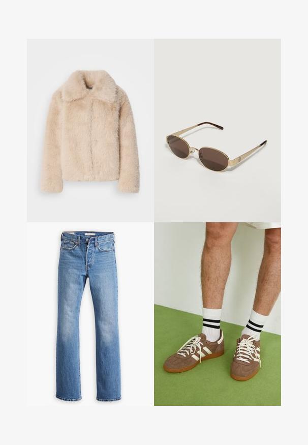 Krátká bunda z umělé kožešiny v světle béžové barvě s krátkým límcem a předním švem. Měkká textura s dlouhými, nadýchanými vlákny a dlouhými rukávy.; Hnědé bavlněné tričko s krátkými raglánovými rukávy, kulatým výstřihem a volným střihem, s jednotnou barvou bez vzorů nebo akcentů.; Modré džíny z denimu se rovnými nohavicemi, které mají vysoký pas, klasické pětikusové stylování a výrazné vyšisování na stehnech.; Hnědé semišové tenisky s bílými akcenty a tkaničkami. Gumová podrážka. Nošeny s bílými ponožkami s černými pruhy. Zelená strukturovaná podlaha.; Zlaté sluneční brýle s hnědými oválnými skly. Úzké nožičky mají vzor želvoviny a detail loga blízko pantů.; Tommy Hilfiger LIBRE SATCHEL - Kabelka - safari