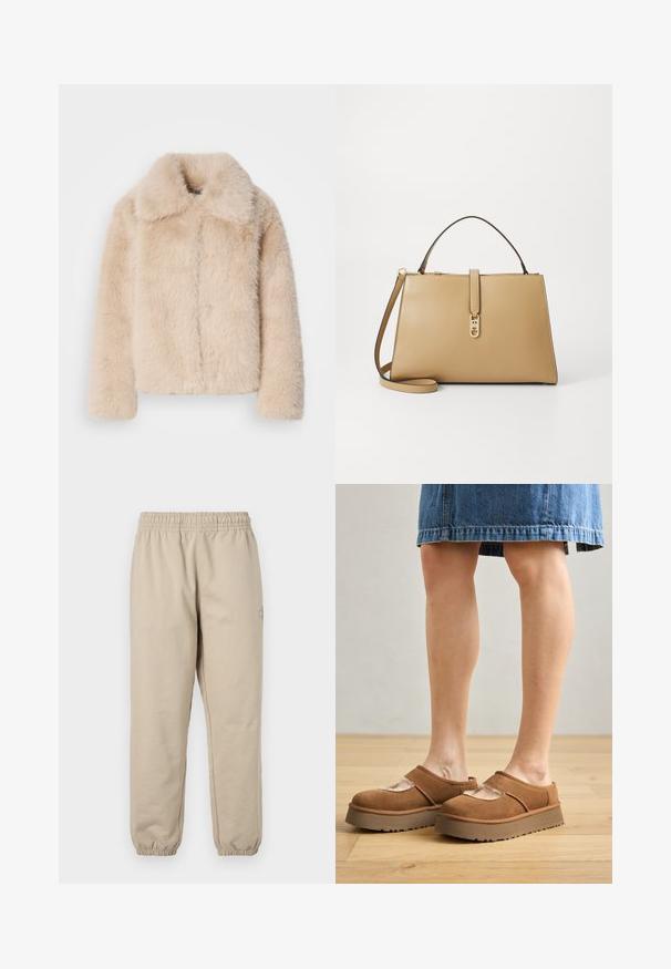 Kort fuskpälsjacka i ljusbeige med kort krage och detalj av framstygn. Mjuk textur med långa, fluffiga fibrer och lång ärm.; Brun bomull t-shirt med korta raglansärmar, rund halsringning och lös passform, med en enfärgad design utan mönster eller detaljer.; Beiga sweatpants med elastisk midja och mudd. Mjukt bomullsmaterial, rak bendesign, med en liten broderad logotyp på sidan.; Bruna mockaskinnsplattformsskor med rund tå, utskärningar och en kraftig sula, tillsammans med en denimkjol i en miljö med trägolv.; Tommy Hilfiger LIBRE SATCHEL - Handväska - safari