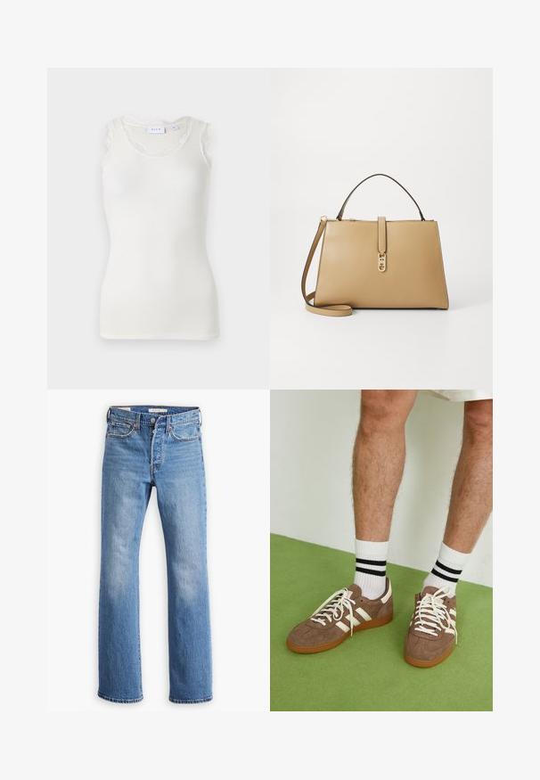 Krátka umelá kožušinová bunda v svetlej béžovej farbe s krátkym golierom a detailom predného švu. Mäkká textúra s dlhými, nadýchanými vláknami a dlhými rukávmi.; Biely rebrovaný tielko s okrúhlym výstrihom a jemným čipkovaným lemom na pleciach. Jednoduchý dizajn, ľahký materiál a priliehavý strih.; Modré džínsy s rovnými nohavicami majú vysoký pás, klasický päť vrecový dizajn a výrazné blednutie na stehnách.; Hnedé zamatové tenisky s bielymi akcentmi a šnúrkami. Gumová podrážka. Nosené s bielymi ponožkami so čiernymi pruhmi. Zelená textúrovaná podlaha.; Tommy Hilfiger LIBRE SATCHEL - Kabelka - safari