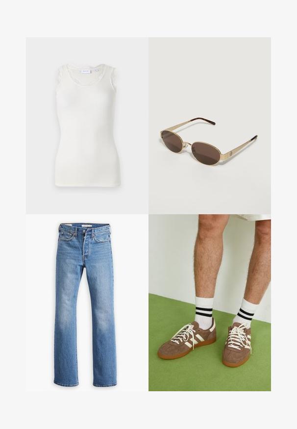 Short faux fur jacket in light beige with a short collar and front seam detail. Soft texture with long, fluffy fibers and full-length sleeves.; White ribbed tank top with a rounded neckline and delicate lace trim on shoulders. Simple design, lightweight fabric, and fitted shape.; Blue denim jeans with a straight leg design, feature a high waist, classic five-pocket styling, and distinct fading on the thighs.; Brown suede sneakers with white accents and laces. Rubber gum sole. Worn with white socks featuring black stripes. Green textured flooring.; Gold metal sunglasses with brown tinted oval lenses. Slim arms feature a tortoiseshell pattern and a logo detail near the hinges.; Tommy Hilfiger LIBRE SATCHEL - Handbag - safari