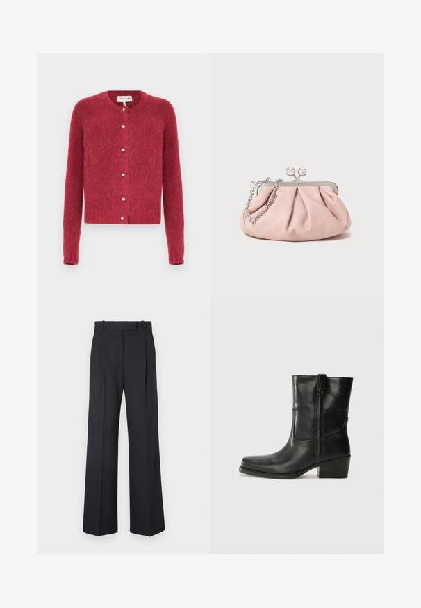 Cămașă din lână bordeaux, cu guler ascuțit, trei butoane negre și două buzunare frontale. Captușită în roșu. Croi lejer și lungime până la genunchi.; Cardigan roșu, pufoasă, cu mâneci lungi, guler rotund și nasturi din perlă pe față. Textură moale cu un design scurt.; Top negru fără mâneci, cu bretele subțiri, fabricat dintr-un material ribat, având o tăietură dreaptă și o etichetă la gât cu textul "IVY OAK."; Pantaloni în dungi de culoare albastru închis, cu talie înaltă, design cu broek larghi și fără hardware sau embellishments vizibile. Textură netedă și croi adaptat.; Botine din piele neagră, cu vârf rotund, toc pătrat, fermoar pe lateral și accente de cusături pe partea superioară. Textură netedă, design clasic.; Geantă de mână roz din piele, cu un design plisat, cadru metalic, două închizători rotunde și o curea din lanț argintiu. Textură netedă, formă compactă.