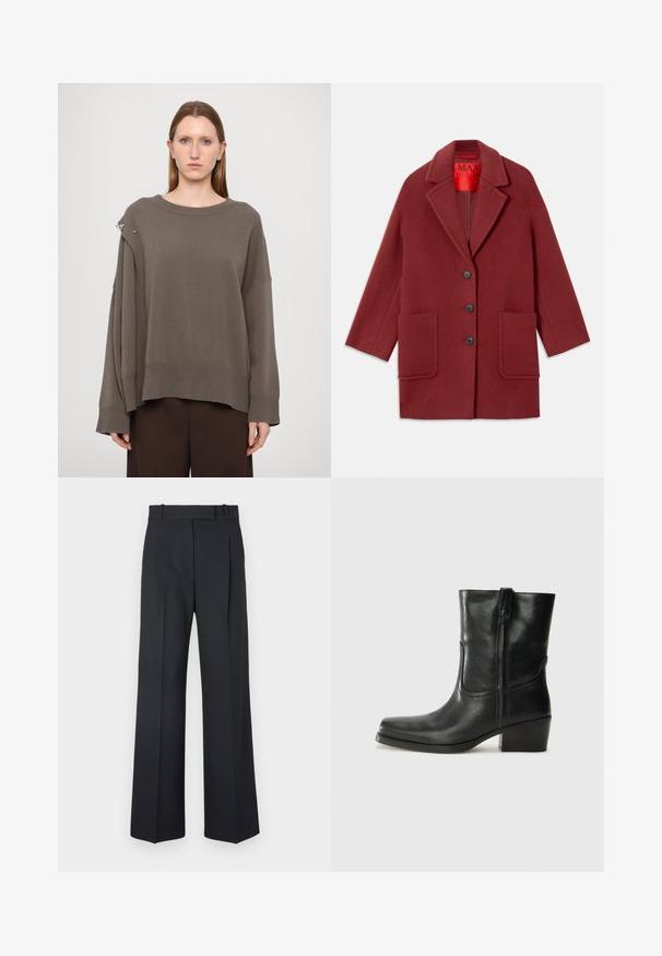 Burgundska volnena jakna z notched ovratnikom, tremi črnimi gumbi in dvema sprednjima žepoma. Podložena v rdeči barvi. Ohlapen kroj in dolžina do kolen.; Rjava oversized pulover z dolgimi rokavi, rebrastimi manšetami, širokim izrezom in srebrnim naglasom na rami. Mehak pleten tekstura.; Temno modri hlače s pinstripi, visokim pasom, širokimi nogami in brez vidnih kovinskih delov ali okrasnih elementov. Gladka tekstura in prilagojen kroj.; Črne usnjene gležnjarje z zaobljenim nosom, blok peto, stransko zadrgo in šivanjem na vampu. Gladka tekstura, klasična zasnova.