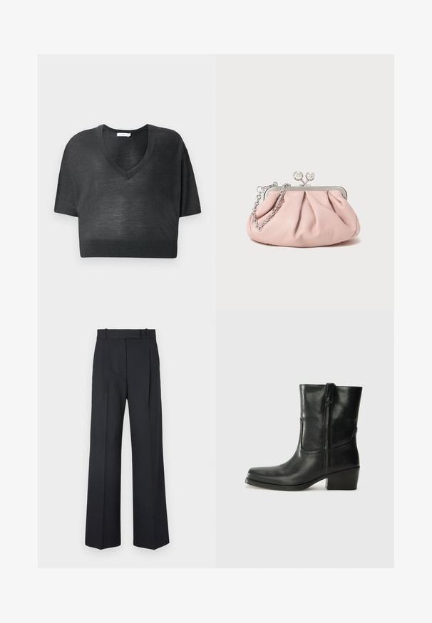 Burgundowa wełniana kurtka w mieszance z wykładanym kołnierzem, trzema czarnymi guzikami i dwiema przednimi kieszeniami. Podszewka w kolorze czerwonym. Luźny krój, do kolan.; Czarna krótka koszulka z lekkiego materiału, z dekoltem w serek, krótkimi rękawami i prążkowanym wykończeniem. Minimalistyczny design bez wzorów i akcentów.; Ciemnoniebieskie spodnie w paski z wysokim stanem, szerokimi nogawkami i bez widocznych elementów metalowych lub ozdób. Gładka tekstura i dopasowany krój.; Czarne skórzane botki za kostkę z okrągłym noskiem, słupkowym obcasem, bocznym zamkiem i przeszyciami na cholewce. Gładka tekstura, klasyczny design.; Różowa skórzana kopertówka z zebranym wzorem, metalową ramą, dwoma okrągłymi zapięciami oraz srebrnym łańcuszkiem. Gładka tekstura, kompaktowy kształt.