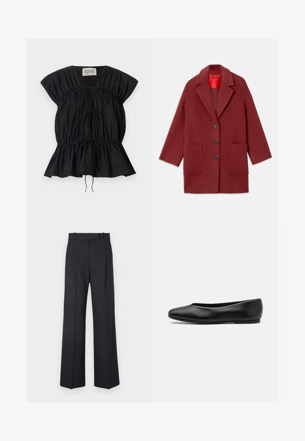 Cappotto in misto lana bordeaux con colletto a revers, tre bottoni neri e due tasche frontali. Foderato in rosso. Vestibilità comoda e lunghezza al ginocchio.; Blusa nera a maniche corte con design arricciato, lacci regolabili in vita e orlo svasato. Realizzata in tessuto liscio e leggero.; Pantaloni a righe blu scuro con vita alta, design a gamba larga e senza hardware o decorazioni visibili. Tessuto liscio e vestibilità sartoriale.; Paul Smith TOPANGA - Ballerine - black