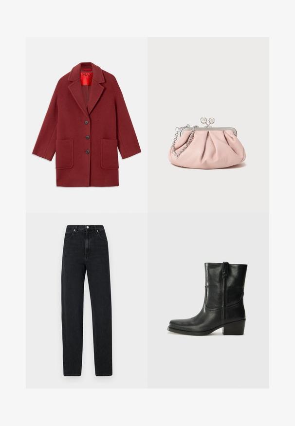 Burgundská vlna směsový kabát s klopovým límcem, třemi černými knoflíky a dvěma předními kapsami. Podšitý červenou látkou. Uvolněný střih a délka po kolena.; Černý dlouhý rukáv rolák vyrobený z hladkého materiálu, s volánkovým límcem a přiléhavým střihem s jednoduchými okraji.; Černé rovné džíny vyrobené z denimu. Mají vysoký pas, kovové zapínání na knoflík, pět kapes a jemné švy.; Černá kožená kotníková bota s kulatou špičkou, blokovým podpatkem, bočním zipem a prošíváním na svršku. Hladký povrch, klasický design.; Růžová kožená kabelka na ruku s nařaseným designem, kovovým rámem, dvěma kulatými sponami a stříbrným řetízkem. Hladká textura, kompaktní tvar.