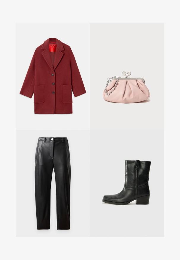Burgundowa wełniana kurtka w mieszance z wykładanym kołnierzem, trzema czarnymi guzikami i dwiema przednimi kieszeniami. Podszewka w kolorze czerwonym. Luźny krój, do kolan.; Czarny, długi rękaw, golf z gładkiego materiału, z falbaniastym kołnierzem i dopasowanym krojem z prostymi brzegami.; Czarne skórzane spodnie o gładkiej teksturze, z przednimi kieszeniami, rozporkiem na zamek błyskawiczny i dopasowanym fasonem. Subtelne detale przeszyć po bokach.; Czarne skórzane botki za kostkę z okrągłym noskiem, słupkowym obcasem, bocznym zamkiem i przeszyciami na cholewce. Gładka tekstura, klasyczny design.; Różowa skórzana kopertówka z zebranym wzorem, metalową ramą, dwoma okrągłymi zapięciami oraz srebrnym łańcuszkiem. Gładka tekstura, kompaktowy kształt.