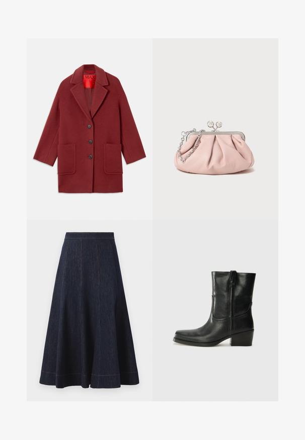Bordo vilnas maisījuma mētelis ar iegrieztu apkakli, trīs melnām pogām un divām priekšējām kabatām. Iekšpuse sarkanā krāsā. Brīvs piegriezums un līdz ceļiem.; Pelēka ribota topa krekls ar apaļu dekoltē un platām plecu siksnām. Tam ir maiga tekstūra un pieguļošs dizains. Redzama zīmola etiķete.; Tumši zils džinsa svārku ar platu siluetu, ar vertikālām šuvju detaļām un kontrastējošu oranžu diegu apmalē.; Melna ādas potīte ar noapaļotu purngalu, bloku papēdi, sānu rāvējslēdzēju un šuvju akcentiem uz virsmas. Gluda tekstūra, klasiskā dizaina.; Rozā ādas sajūgs somiņa ar sakropļotu dizainu, metāla rāmi, diviem apaļiem aizdariem un sudraba ķēdes siksnu. Gluda tekstūra, kompakta forma.