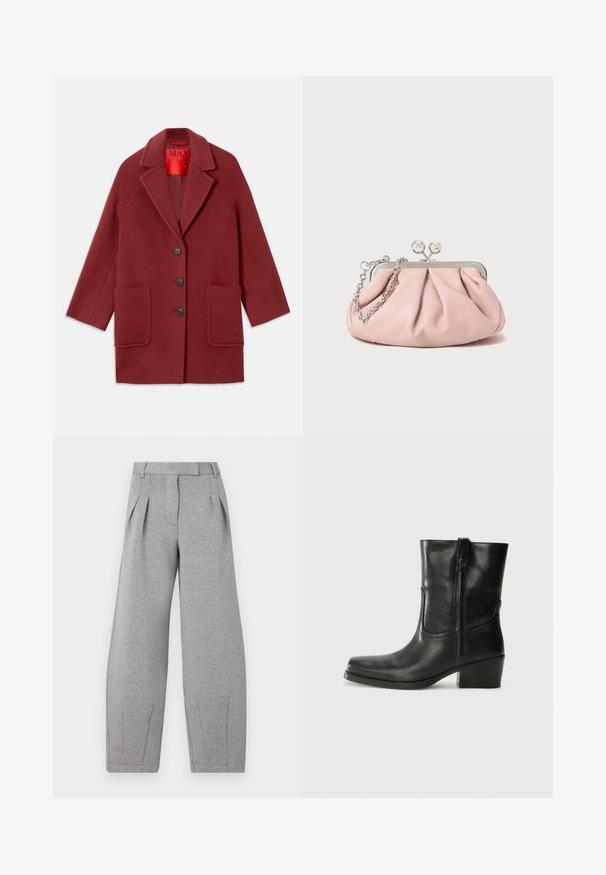 Bordeaux uldblandingsfrakke med skarp krave, tre sorte knapper og to forlommer. Foret med rødt. Løs pasform og knælang.; Grå ribbet tanktop med en rund halsudskæring og brede skulderstropper. Har en blød tekstur og tætsiddende design. Mærket er synligt.; Grå, vide bukser lavet af blødt stof, med folder foran, flad talje og lige sømme langs benene.; Sort læder ankelstøvle med rundt tå, blokhæl, lynlås i siden og stikninger på vampsiden. Glat tekstur, klassisk design.; Rosa læder clutch-taske med en samlede design, metalramme, to runde låse og en sølv kædetræksrem. Glat tekstur, kompakt form.