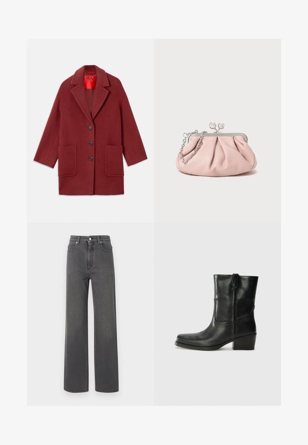 Abrigo de mezcla de lana burdeos con cuello con muesca, tres botones negros y dos bolsillos frontales. Forrado en rojo. Corte relajado y hasta la rodilla.; Camiseta de tirantes gris con un escote redondo y tirantes anchos. Presenta una textura suave y un diseño ajustado. Etiqueta de la marca visible.; Jeans de mezclilla gris de pierna ancha con cintura alta, cierre frontal de botones y costuras en contraste. Presenta dos bolsillos laterales y una textura suave.; Botín negro de cuero hasta el tobillo con punta redondeada, tacón cuadrado, cremallera lateral y detalles de costura en el empeine. Textura suave, diseño clásico.; Bolso de mano de cuero rosa con un diseño recogido, marco metálico, dos cierres redondos y una correa de cadena plateada. Textura suave, forma compacta.