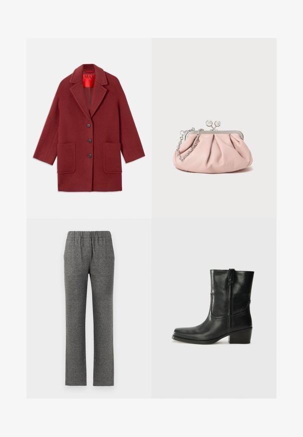 Bordo vilnas maisījuma mētelis ar iegrieztu apkakli, trīs melnām pogām un divām priekšējām kabatām. Iekšpuse sarkanā krāsā. Brīvs piegriezums un līdz ceļiem.; Melna tops ar plānām spaghetti siksniņām, izgatavots no ribota auduma, ar taisnu griezumu un uzrakstu uz kakla izgriezuma "IVY OAK."; Pelēki, teksturēti bikses ar elastīgu jostasv ни, taisna kāju dizainu. Satur smalku rakstu papildu vizuālajam interesam.; Melna ādas potīte ar noapaļotu purngalu, bloku papēdi, sānu rāvējslēdzēju un šuvju akcentiem uz virsmas. Gluda tekstūra, klasiskā dizaina.; Rozā ādas sajūgs somiņa ar sakropļotu dizainu, metāla rāmi, diviem apaļiem aizdariem un sudraba ķēdes siksnu. Gluda tekstūra, kompakta forma.