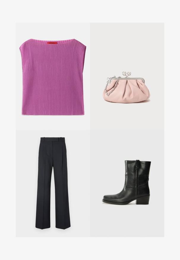 Burgundská vlna směsový kabát s klopovým límcem, třemi černými knoflíky a dvěma předními kapsami. Podšitý červenou látkou. Uvolněný střih a délka po kolena.; Texturovaný bezrukávový top v světle růžové barvě, s kulatým výstřihem a vertikálním proužkovaným vzorem. Na zadní straně viditelná visačka se jménem značky.; Tmavě modré kalhoty s pruhy, vysokým pasem, širokým nohavicemi a bez viditelného kování nebo ozdob. Hladká textura a přesně padnoucí střih.; Černá kožená kotníková bota s kulatou špičkou, blokovým podpatkem, bočním zipem a prošíváním na svršku. Hladký povrch, klasický design.; Růžová kožená kabelka na ruku s nařaseným designem, kovovým rámem, dvěma kulatými sponami a stříbrným řetízkem. Hladká textura, kompaktní tvar.