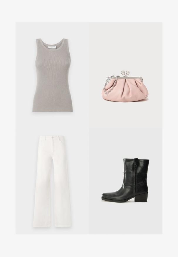 Burgundy wool blend coat with a notched collar, three black buttons, and two front pockets. Lined in red. Relaxed fit and knee-length.; Gray ribbed tank top with a round neckline and wide shoulder straps. Features a soft texture and form-fitting design. Brand label visible.; White, high-waisted wide-leg jeans made of denim. Features a button closure, two front pockets, and side seams with stitching details.; Black leather ankle boot with a rounded toe, block heel, side zipper, and stitching accents on the vamp. Smooth texture, classic design.; Pink leather clutch bag with a gathered design, metal frame, two round clasps, and a silver chain strap. Smooth texture, compact shape.