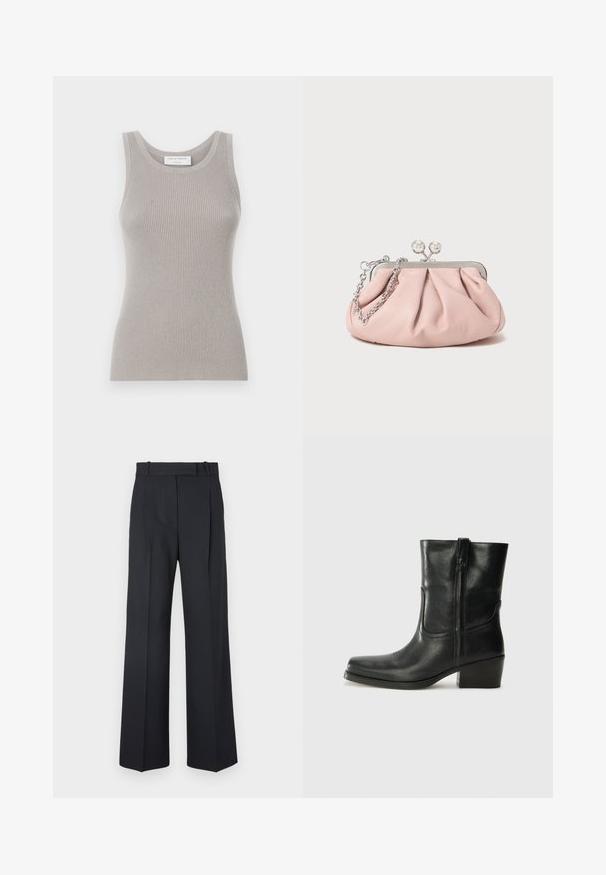 Burgunderfarbener Wollmischmantel mit abgestepptem Kragen, drei schwarzen Knöpfen und zwei vorderen Taschen. Innenfutter in Rot. Lässiger Schnitt und knielang.; Graues, geripptes Tanktop mit rundem Halsausschnitt und breiten Trägern. Hat eine weiche Textur und eine figurbetonte Passform. Markenlabel sichtbar.; Dunkelblaue Nadelstreifenhosen mit hoher Taille, weit geschnittenem Bein und ohne sichtbare Beschläge oder Verzierungen. Glatte Textur und taillierte Passform.; Schwarze Leder-Ankle Boots mit runder Zehenform, Blockabsatz, seitlichem Reißverschluss und gestickten Akzenten auf dem Blatt. Glatte Textur, klassisches Design.; Rosa Leder-Clutch mit einem gerafften Design, Metallrahmen, zwei runden Verschlüssen und einem silbernen Kettenriemen. Glatte Textur, kompakte Form.