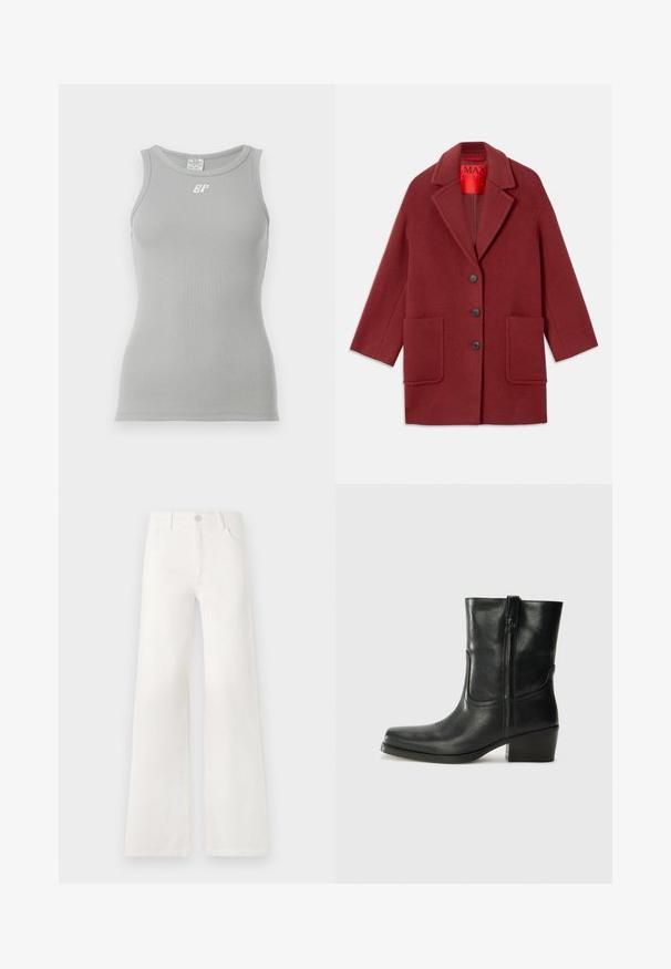 Burgundia villasegusmantel, millel on servi krae, kolm musta nuppu ja kaks eeskülge taskut. Sisemine vooder on punane. Loodud vabaks istuvuseks ja põlveni ulatuv.; Hallide ribidega t-särk ümmarguse kaelusega ja ilma varrukateta. Ees on väike valge logo. Sile ja elastne materjal.; Valged, kõrge vöökohaga laiad teksad, mis on valmistatud denimist. Omab nupuga sulgemist, kahte esimest taskut ja külgede õmbluste detailseid õmblusi.; Musta nahast pahkluu saabas ümarate varvastega, plokknäppu, külgsepa ja pealsetel õmblusest aktsentidega. Sile tekstuur, klassikaline disain.