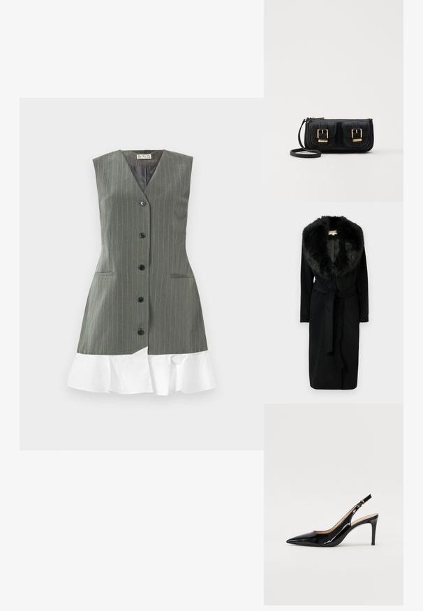 Zwarte lange jas met een zachte bontkraag, gladde stof, een tailleband en zijzakken, ontworpen voor warmte en elegantie.; Mouwloze grijze gestreepte jurk met zwarte knopen aan de voorkant en een witte gerimpelde zoom tegen een effen achtergrond.; Zwarte gepatineerde leren slingback pump met een puntige neus, slanke hak en een subtiel uitgesneden ontwerp. Bevat een gouden gesp op de band.; Zwarte leren schoudertas met twee vo pockets, gouden gespen, ritsluiting en een smalle band. Tekstuur oppervlak en compacte rechthoekige vorm.