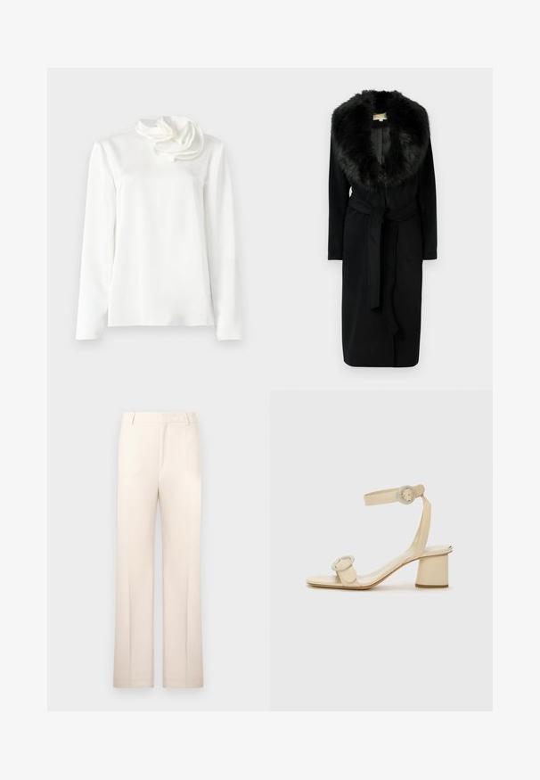 Čierny dlhý kabát s plyšovým kožušinovým golierom, hladkou látkou, pásom v páse a bočnými vreckami, navrhnutý pre teplo a eleganciu.; Biela blúzka s dlhým rukávom, vysokým golierom a veľkým kvetinovým detailom z látky na ľavom pleci, na jednoduchom pozadí.; Bežové nohavice na mieru so strihom rovného nohavicu, vyrobené z ľahkého materiálu. Obsahujú predné záhyby a klasický pás.; Béžové sandále na vysokom podpätku s minimalistickým dizajnom, zdobené dvoma kruhovými akcentmi a masívnym podpätkom. Vyrobené z hladkej kože.