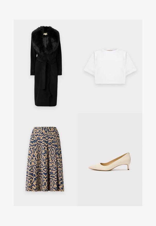 Sort lang frakke med en blød pelskrave, glat stof, bælte i taljen og sidelommer, designet til varme og elegance.; KFrakelse hvid t-shirt lavet af blødt stof, med korte ærmer, rund halsudskæring og ribbede nederste detaljer. Enkel og udekoreret design.; En knælang nederdel med et geometrisk print i marineblå og beige, med plisseringer og en glat tekstur.; Beige spids tå pumpe lavet af glat syntetisk materiale, med en lav hæl og et slip-on design med en subtil detalje bagpå.