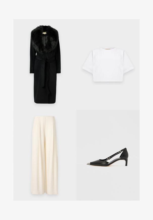 Črni dolg plašč z mehlim krznenim ovratnikom, gladkim materialom, pasom in stranskimi žepi, zasnovan za toplino in eleganco.; Kratka bela majica iz mehkega materiala, s kratkimi rokavi, okroglega izreza in rebrastimi robovi. Preprost in neokrašen dizajn.; Norma Kamali MENS PLEAT - Hlače - cream; Črni usnjeni čevelj z rahlo peto, z ostro srebrno konico in dvema paščkoma z zaponkama na belem ozadju.