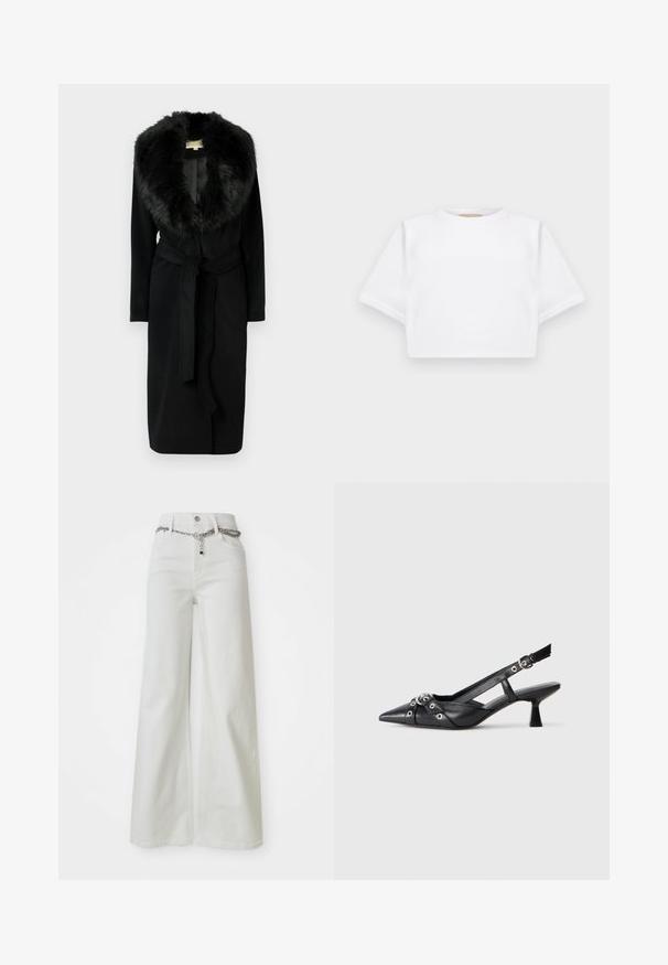 Black long coat featuring a plush fur collar, sleek fabric, belted waist, and side pockets, designed for warmth and elegance.; Cropped white t-shirt made of soft fabric, featuring short sleeves, a round neckline, and ribbed hem details. Simple and unembellished design.; Wide-leg white denim pants with a high waist, featuring a chain accent along the waistband and a classic five-pocket design.; Black leather slingback shoe with a pointed toe, decorative straps featuring metal eyelets, and a low block heel. Textured surface.