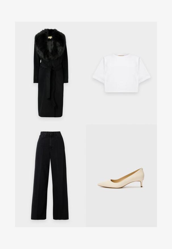 Casaco longo preto com gola de pele volumosa, tecido liso, cintura com cinto e bolsos laterais, concebido para calor e elegância.; T-shirt branca corta, feita de tecido macio, apresentando mangas curtas, um decote redondo e detalhes de bainha canelada. Design simples e despretensioso.; Jeans largos pretos feitos de denim, com uma cintura alta, bolsos frontais e um fecho de botão. O tecido tem uma textura suave.; Sandalha beje com bico em ponta, feita de material sintético suave, apresentando um salto baixo e um design slip-on com um detalhe discreto na parte de trás.