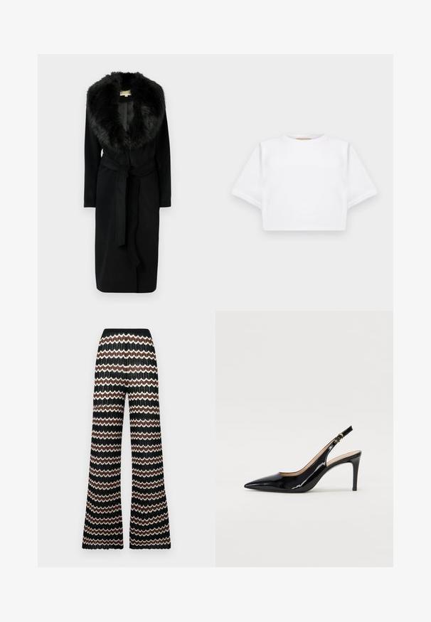 Musta pitkä takki, jossa on pehmeä turkiskaulus, sileä kangas, vyötärölaskos ja sivutaskut, suunniteltu lämpöä ja eleganssia varten.; Lyhythihainen valkoinen t-paita pehmeää kangasta, jossa on pyöreä pääntie ja ribbireunat. Yksinkertainen ja ilman koristeita oleva malli.; Neulehousut, joissa on zigzag-kuvio mustana, valkoisena ja ruskeana. Ominaisuuksiin kuuluu teksturoitu pinta ja joustava vyötärö.; Musta lakattu nahkainen slingback-korkokenkä, jossa on terävä kärki, kapea korko ja hillitty leikkaussuunnittelu. Varressa on kultainen solki.