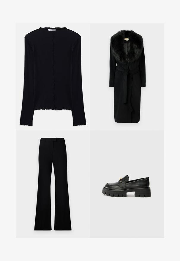Schwarzer langer Mantel mit einem weichen Pelzkragen, elegantem Stoff, tailliertem Gürtel und Seitentaschen, entworfen für Wärme und Eleganz.; Schwarz langärmliges Oberteil aus weichem Stoff. Mit einem gewellten Ausschnitt und Saum, simplem, tailliertem Design. Keine zusätzlichen Verzierungen.; Schwarze ausgestellte Hose mit einer glatten Textur, tailliertem Bund und Fronttaschen, entworfen mit einer eleganten, modernen Silhouette.; Schwarze Lederloafers mit einer klobigen Sohle, die an der Vorderseite ein goldfarbenes Akzent und eine glatte Oberfläche aufweisen. Klobiges Profil-Design auf der Sohle.