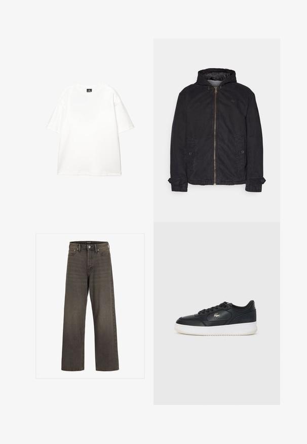 Lacoste Könnyű dzseki - black; Fehér pamut póló kerek nyakkal, rövid ujjal, laza szabással és minimális varrási részletekkel. Simább textúra és letisztult dizájn.; Széles lábú farmernadrág sötétszürke denimből, magas derékkal, klasszikus öt zsebes kialakítással és kontrasztos varrással az illesztések mentén.; Fekete bőrsportcipő fehér talppal, lekerekített orral, fűzős kivitelben, és diszkrét logóval az oldalon. Texturált felsőrész kiemelésekkel.