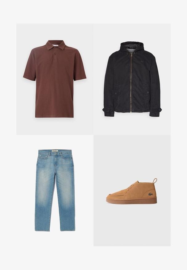 Lacoste Ελαφρύ μπουφάν - black; Καφετί polo μπλούζα από αναπνεύσιμο ύφασμα, με κλασικό γιακά και τρεις κουμπάκια, διακοσμημένη με ένα διακριτικό λογότυπο στην περιοχή του στήθους.; Ανοιχτό μπλε τζιν παντελόνι με ίσια γραμμή, πέντε τσέπες και ελαφρώς ξεθωριασμένο φινίρισμα. Διαθέτει ασημένια μεταλλικά στοιχεία και ετικέτα με το λογότυπο στη μέση.; Καφέ σουέτ παπούτσι με δέσιμο μέχρι τον αστράγαλο, με καουτσούκ σόλα και λωρίδα για εύκολη εφαρμογή, διαθέτει το χαρακτηριστικό λογότυπο κροκοδείλου στο πλάι.