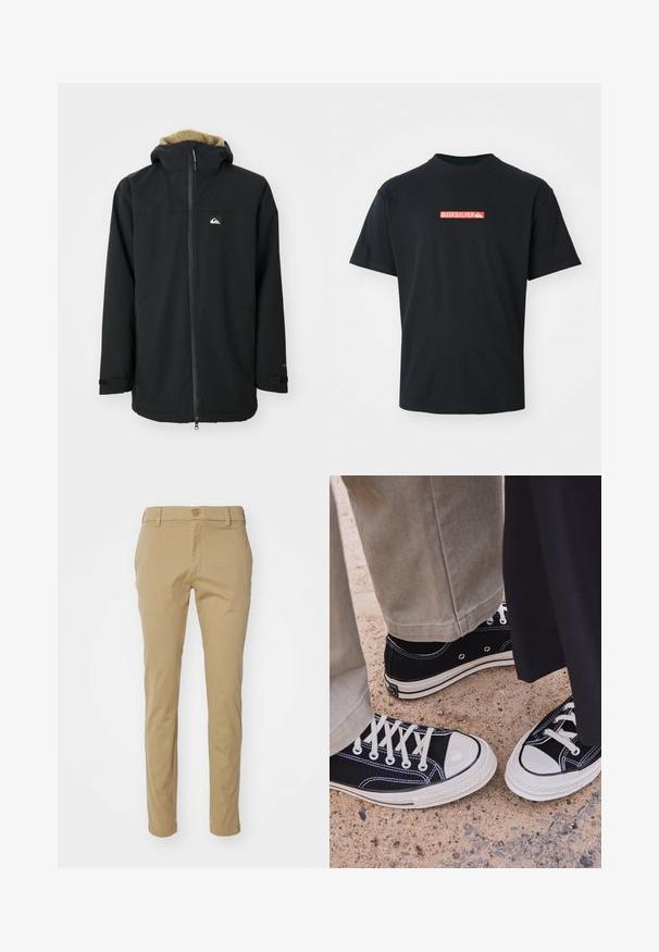 Black waterproof jacket with a fur-lined hood, front zipper, and logo patch. Features long sleeves and adjustable cuffs. Textured fabric.; Black short-sleeve t-shirt with a small red and white Quiksilver logo centered on the chest, displayed against a plain white background.; Khaki trousers made from lightweight cotton, featuring a slim-fit design, smooth texture, and standard waistband with a top button closure.; Black canvas sneakers with white rubber toe caps and laces. Contrast stitching and metal eyelets add detail. Worn with beige pants and black fabric.
