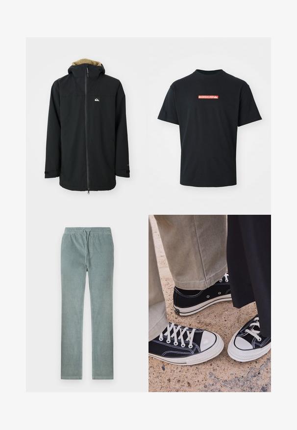 Black waterproof jacket with a fur-lined hood, front zipper, and logo patch. Features long sleeves and adjustable cuffs. Textured fabric.; Black short-sleeve t-shirt with a small red and white Quiksilver logo centered on the chest, displayed against a plain white background.; Light blue corduroy pants with an elastic waistband and adjustable drawstring. Features straight legs and a soft, textured surface.; Black canvas sneakers with white rubber toe caps and laces. Contrast stitching and metal eyelets add detail. Worn with beige pants and black fabric.