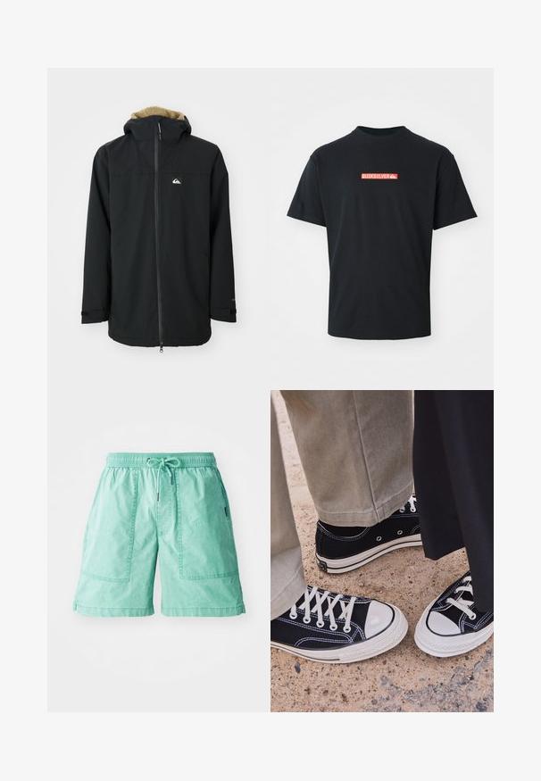 Black waterproof jacket with a fur-lined hood, front zipper, and logo patch. Features long sleeves and adjustable cuffs. Textured fabric.; Black short-sleeve t-shirt with a small red and white Quiksilver logo centered on the chest, displayed against a plain white background.; Mint green shorts made of lightweight fabric, featuring an elastic waistband, drawstring, and two side pockets with stitched accents.; Black canvas sneakers with white rubber toe caps and laces. Contrast stitching and metal eyelets add detail. Worn with beige pants and black fabric.