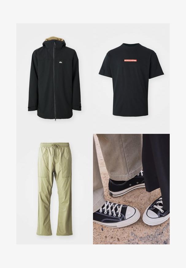 Black waterproof jacket with a fur-lined hood, front zipper, and logo patch. Features long sleeves and adjustable cuffs. Textured fabric.; Black short-sleeve t-shirt with a small red and white Quiksilver logo centered on the chest, displayed against a plain white background.; Olive green, lightweight cargo pants with a drawstring waist, two front pockets, and a relaxed fit. Smooth cotton fabric, straight leg design.; Black canvas sneakers with white rubber toe caps and laces. Contrast stitching and metal eyelets add detail. Worn with beige pants and black fabric.