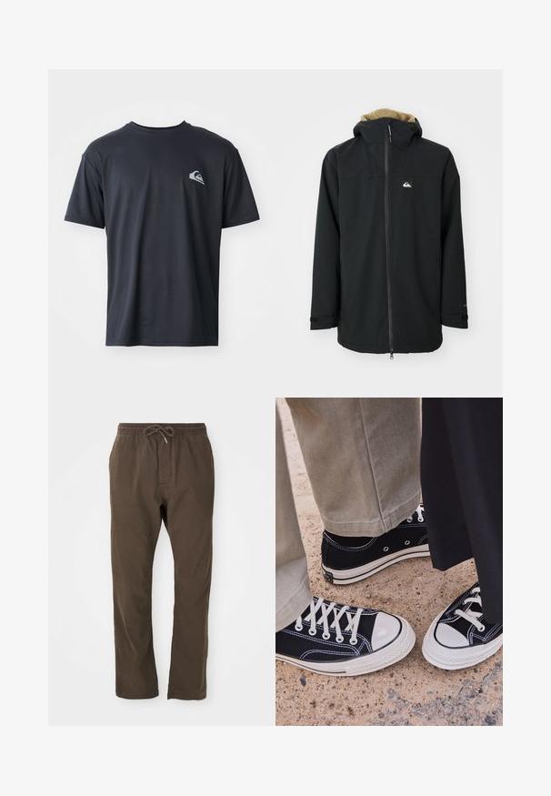 Zwarte waterdichte jas met een voering van bont in de capuchon, een ritssluiting aan de voorkant en een logo patch. Voorzien van lange mouwen en verstelbare manchetten. Getextureerde stof.; Zwart T-shirt met korte mouwen van een gladde stof, voorzien van een klein wit logo op de linkerkant van de borst. Regular fit met een ronde hals.; Bruine casual broeken met elastische tailleband en trekkoord, rechte pijpen, geschikt voor dagelijks gebruik.; Zwarte canvas sneakers met witte rubberen neuzen en veters. Contrasterende stiksels en metalen oogjes voegen detail toe. Gecombineerd met beige broek en zwarte stof.