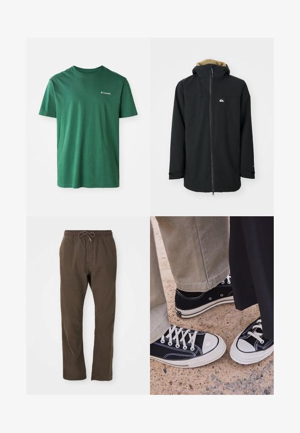 Black waterproof jacket with a fur-lined hood, front zipper, and logo patch. Features long sleeves and adjustable cuffs. Textured fabric.; Green cotton t-shirt with a crew neckline, short sleeves, and a small white Columbia logo on the chest. Soft texture, casual design.; Brown casual pants with elastic waistband and drawstring, straight-leg cut, suitable for everyday wear.; Black canvas sneakers with white rubber toe caps and laces. Contrast stitching and metal eyelets add detail. Worn with beige pants and black fabric.