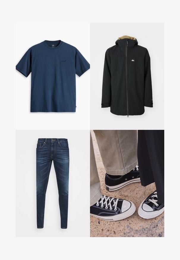 Černá voděodolná bunda s kapucí podšitou kožešinou, předním zipem a logem. Má dlouhé rukávy a nastavitelné manžety. Texturovaná tkanina.; Námořnická modrá bavlněná tričko, kulatý výstřih, krátké rukávy, s diskrétním černým logem na levé hrudi a rovný lem. Jednoduchý design.; Tmavě modré džíny z denimu s úzkým střihem, jemným vyblednutím, pěti kapsami a kovovým zapínáním na knoflík. Šité akcenty v kontrastní barvě.; Černé plátěné tenisky s bílými gumovými špičkami a tkaničkami. Protišvy a kovové očko dodávají detail. Nosené s béžovými kalhotami a černou látkou.