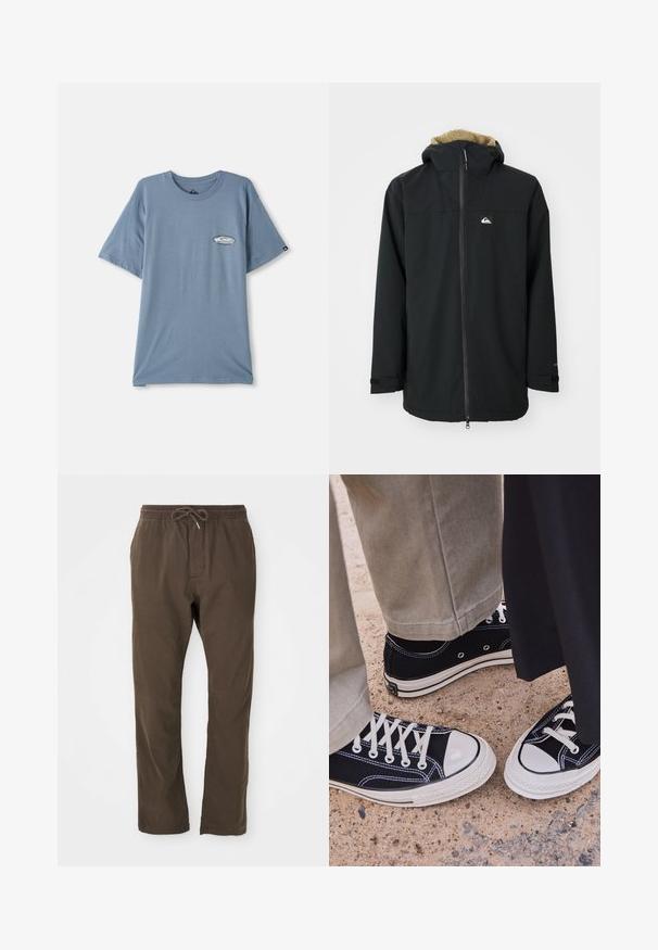 Černá voděodolná bunda s kapucí podšitou kožešinou, předním zipem a logem. Má dlouhé rukávy a nastavitelné manžety. Texturovaná tkanina.; Modrá bavlněná tričko s krátkými rukávy, kulatým výstřihem a malým potiskem na levé části hrudi. Měkká textura, volný střih.; Hnědé volné kalhoty s elastickým pasem a šňůrkou, rovný střih, vhodné pro každodenní nošení.; Černé plátěné tenisky s bílými gumovými špičkami a tkaničkami. Protišvy a kovové očko dodávají detail. Nosené s béžovými kalhotami a černou látkou.