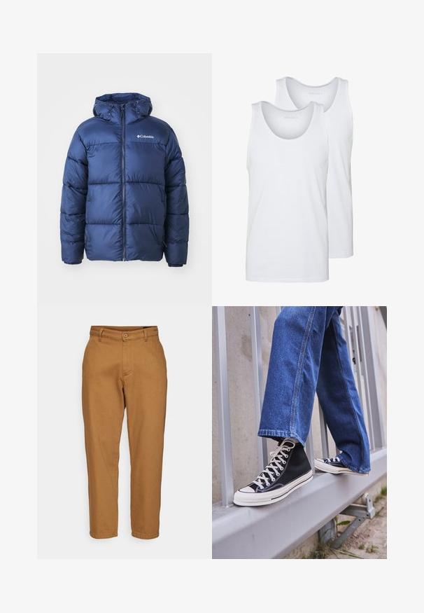 Jachetă puffer bleumarin cu glugă, cu fermoar frontal, mansete elastice și un design matlasat. Logo-ul Columbia pe partea stângă a pieptului.; Tricouri din bumbac alb fără mâneci, cu decolteu rotund, având o textură netedă. Două piese expuse, etichetate "PIER ONE."; Pantaloni maro, cu picioare drepte, cu o textură netedă, închidere cu nasturi și bucle pentru curea. Prezintă un design clasic și nu au modele vizibile.; Tenisi negri tip gheată cu talpă și șireturi albe, asortați cu blugi albaștri largi, sprijiniți pe un balustradă gri.