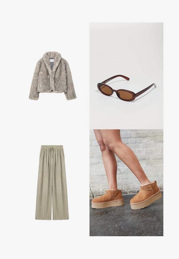 Veste en fausse fourrure grise cropped avec manches longues et grand col, comportant une étiquette de marque visible à l'intérieur du col.; Pull en maille gris clair à manches longues avec un ourlet et des poignets côtelés, doté d'un col en V et d'une coupe décontractée.; T-shirt blanc à manches courtes en coton. Doté d'un col ras du cou et d'une coupe décontractée. Texture lisse sans motifs ni accents visibles.; Pantalons larges gris clair avec une taille élastique, un cordon de serrage et des poches latérales. Le tissu texturé présente des rayures verticales subtiles.; Bottines en suède marron avec une doublure en peluche, semelle épaisse en beige et une poignée à l'arrière. Surface texturée avec des détails de couture visibles.; Lunettes de soleil rondes teinte brun avec une monture bordeaux brillante. Branches fines avec un détail de marque subtil. Design de verres plats.; Sac en cuir marron tressé avec fermeture éclair, présentant un extérieur texturé et une doublure intérieure noire lisse.