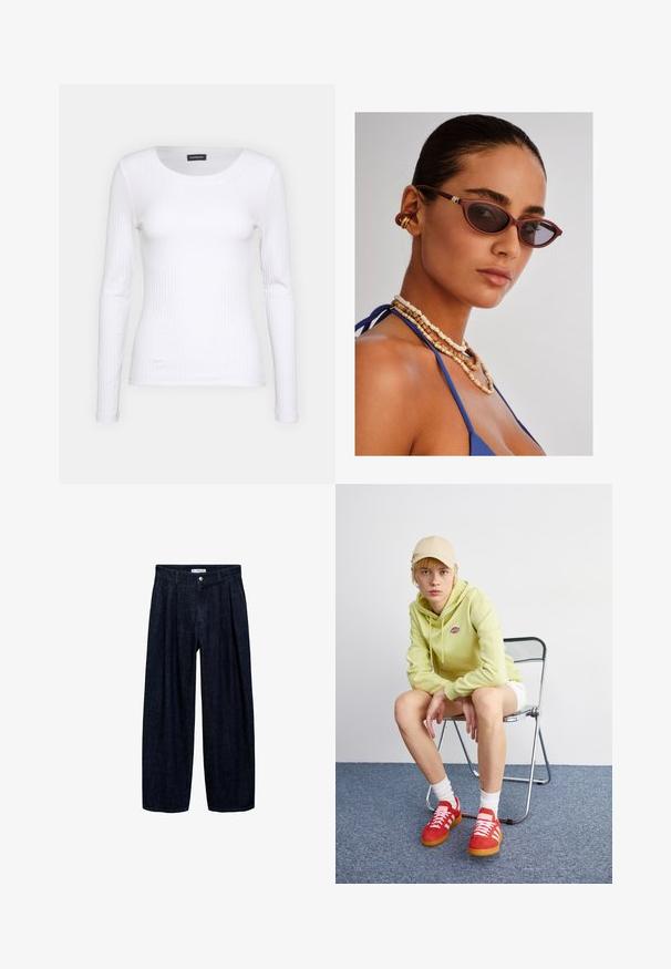 Beige pufferjacka med huva, hel dragkedja och oversizeärmar. Har en slät textur och diagonala sömmar över bröstet.; Vit ribbad långärmad topp med rund halsringning. Tillverkad av ett elastiskt material som följer kroppens konturer. Har diskreta horisontella linjer.; Mörk denim vida byxor med veck vid midjan, med en framknapp och bältesögglor. Slät textur och helängdsdesign.; Ljusgrön hoodie med logotyp, vita shorts, röda sneakers med vita ränder, sittande på en kromad vikstol mot en neutral bakgrund.; Mörkröda cat-eye solglasögon med mörka linser, intrikata bruna pärlhalsband och en blå tygblus. Slät hud med en naturlig finish.; Even&Odd Handväska - beige