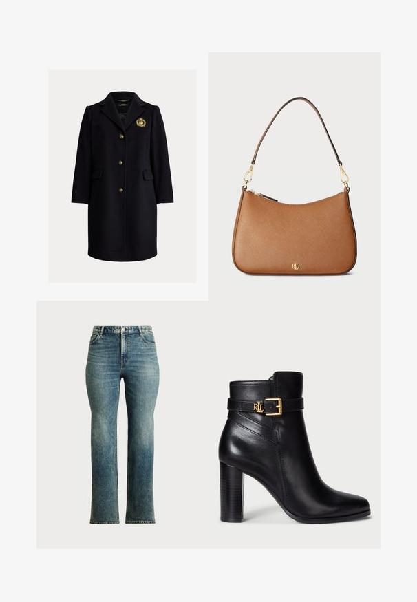 Tmavomodrý kabát z vlnenej zmesi s výrezovým golierom, zlatými gombíkmi, bočnými vreckami a vyšívaným emblémom na hrudi.; Biela priliehavá blúzka s lodičkovým výstrihom, krátkymi rukávmi s manžetami a hladkým, jemným materiálom. Jednoduchý dizajn bez vzorov alebo ozdôb.; Lauren Ralph Lauren Woman HIGH RISE FLARE JEAN - Široké nohavice - haze wash; Čierne kožené členkové topánky s lesklým povrchom, špicatou špičkou a zlatou sponou na remienku. Majú vyšší hrubý opätok.; Hnedá kožená kabelka s textúrovaným povrchom a zakriveným tvarom, zlatými detailmi a jedným ramenným popruhom. Obsahuje zipsové uzatvorenie a detail loga.; Zlaté náušnice na klip s veľkým bielym perlou, ktoré majú malý rad jasných rhinestones pozdĺž pántu.