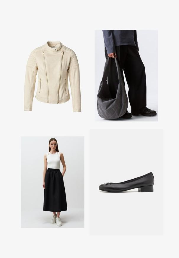 Beige Jacke mit fitted Design, ausgestattet mit zwei Frontreißverschlusstaschen und vertikalen Reißverschlüssen. Texturierte Schulterpaneele verleihen dem Modell eine besondere Note.; Gestreifter Pullover mit Kragen. Hergestellt aus einem weichen, strukturierten Stoff in Dunkelgrau und Creme gestreift. Lockere Passform mit langen Ärmeln.; Weißes ärmelloses Top mit Schulterauschnitten, kombiniert mit einem schwarzen, knöchellangen Rock mit elastischem Bund und seitlichen Taschen, getragen mit weißen Sneakern.; Schwarze Leder-Ballettschuhe mit kleinem rechteckigem Absatz, runder Spitze, dekorativem Schleifendetail und elastischem Besatz am Einstieg.; Graue Stoff-Schultertasche mit einer lässigen Form, ausgestattet mit glatter Textur und breiten Trägern. Die Tasche wird von einer Person in dunkler Hose gehalten.