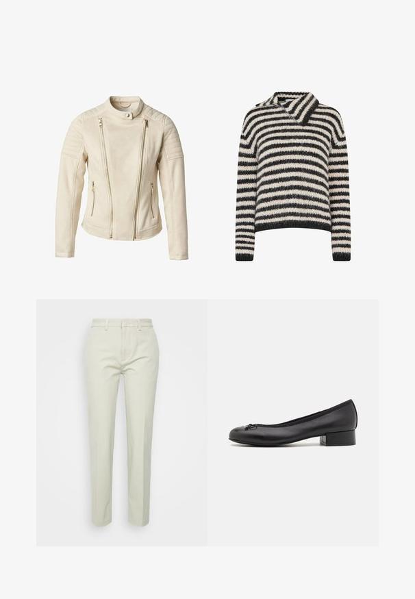 Bež jakna s prilagođenim dizajnom, koja sadrži dva prednja džepa na zatvarač i vertikalne zatvarače. Teksturalne ramene panele dodaju detalje.; Prugasti pulover s kragnom. Izrađen od mekog, teksturiranog materijala u tamnosivoj i krem prugama. Opusten kroj s dugim rukavima.; Svijetložute hlače ravnog kroja od pamuka, s ravnim prednjim dijelom, petljama za remen i bez vidljivih džepova ili uzoraka.; Crne kožne baletanke s malim pravokutnim potpeticom, okruglim prstom, ukrasnom mašnom i elastičnom obrubom na otvaranju.