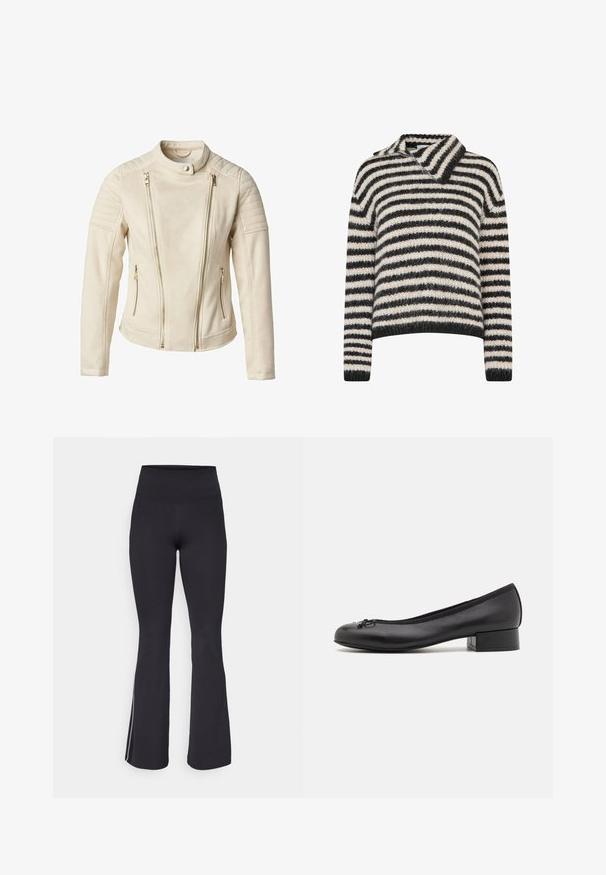 Chaqueta beige con un diseño ajustado, que cuenta con dos bolsillos frontales con cremallera y cremalleras verticales. Los paneles de hombros texturizados añaden detalle.; Suéter a rayas con cuello. Hecho de una suave tela texturizada en rayas gris oscuro y crema. Corte relajado con mangas largas.; Leggings negras de campana con cintura alta, hechas de tela elástica. Presentan una textura suave y rayas blancas a lo largo de las costuras.; Bailarinas negras de cuero con un pequeño tacón rectangular, punta redondeada, detalle de lazo decorativo y ribete elástico en la abertura.