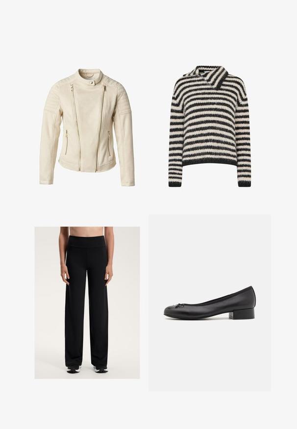 Beżowa kurtka o dopasowanym kroju, z dwoma przednimi kieszeniami na zamek błyskawiczny i pionowymi zamkami. Teksturalne panele na ramionach dodają charakteru.; Sweter w paski z kołnierzykiem. Wykonany z miękkiej, teksturowanej tkaniny w ciemnoszare paski z kremowymi. Luźny krój, z długimi rękawami.; Czarne szerokie spodnie sportowe z wysokim stanem. Wykonane z gładkiego, elastycznego materiału, z luźnym krojem i subtelną teksturą.; Czarne skórzane baleriny z małym prostokątnym obcasem, okrągłym noskiem, ozdobną kokardą i elastycznym wykończeniem przy otwarciu.