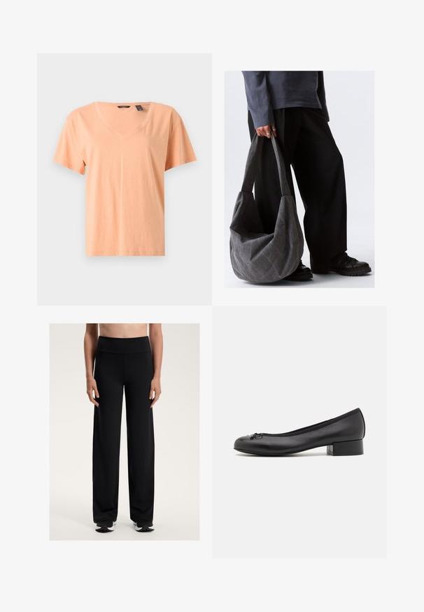 Beige jas met een aangesloten ontwerp, voorzien van twee frontale ritszakken en verticale ritsen. Getextureerde schouderpanelen voegen detail toe.; Korte mouwen, V-hals t-shirt in licht perzik, gemaakt van zacht katoen. Het heeft een ontspannen pasvorm en subtiele stiksels langs de zoom.; Zwarte zware sportbroek met een hoge tailleband. Gemaakt van glad, rekbaar materiaal, met een comfortabele pasvorm en een subtiele textuur.; Zwarte leren ballerina's met een kleine rechthoekige hak, ronde neus, decoratieve strikdetail en elastische rand bij de opening.; Grijze stoffen schoudertas met een slonzig ontwerp, featuring een zachte textuur en brede straps. De tas wordt vastgehouden door een persoon in donkere broek.