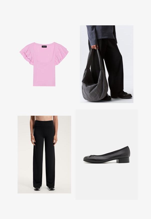 Bežna jakna s prilegajočim designom, ki ima dva sprednja žepka na zadrgo in navpične zadrge. Teksturiši paneli na ramenih dodajajo podrobnost.; Roza, rebrasta majica s kratkimi rokavi, z nabranimi rokavi in širokim kvadratnim izrezom. Oznaka vidna na sredini.; Črne široke športne hlače z visokim pasom. Narejene iz gladkega, raztegljivega materiala, z udobnim fitom in rahlo teksturo.; Črne usnjene balerinke z majhnim pravokotnim peto, zaobljenim nosom, okrasno pentljo in elastičnim obodom na odprtini.; Siva tkanina torba preko ramena z mehkobno obliko, ki ima gladko teksturo in široke naramnice. Torbo drži oseba v temnih hlačah.
