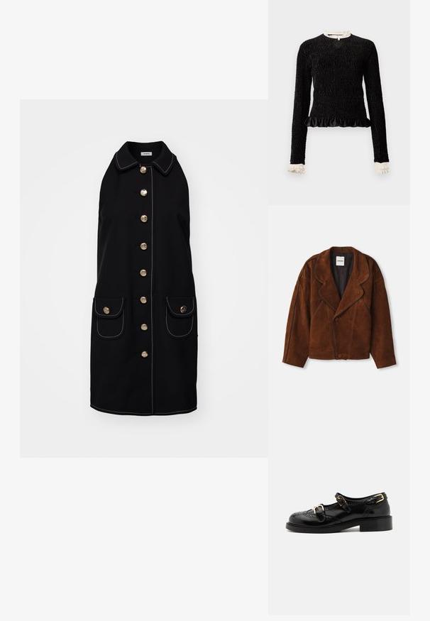 Bruine suede jas met een gekarteld kraag, oversized pasvorm, dubbele knoopsluiting en contrasterende piping langs de naden.; Zwarte lange mouwen top van textuurstof, met een gerimpelde zoom en witte rimpelaccenten bij de kraag en mouwen. Bevat een centrale lus sluiting.; Zwarte mouwloze jas met een kraag, met gouden knopen aan de voorkant, twee voorzakken en witte stiksels.; Zwarte leren schoenen met brogue-details, voorzien van twee gespsluitingen, een ronde neus en een lage hak. Glad oppervlak met een glanzende afwerking.