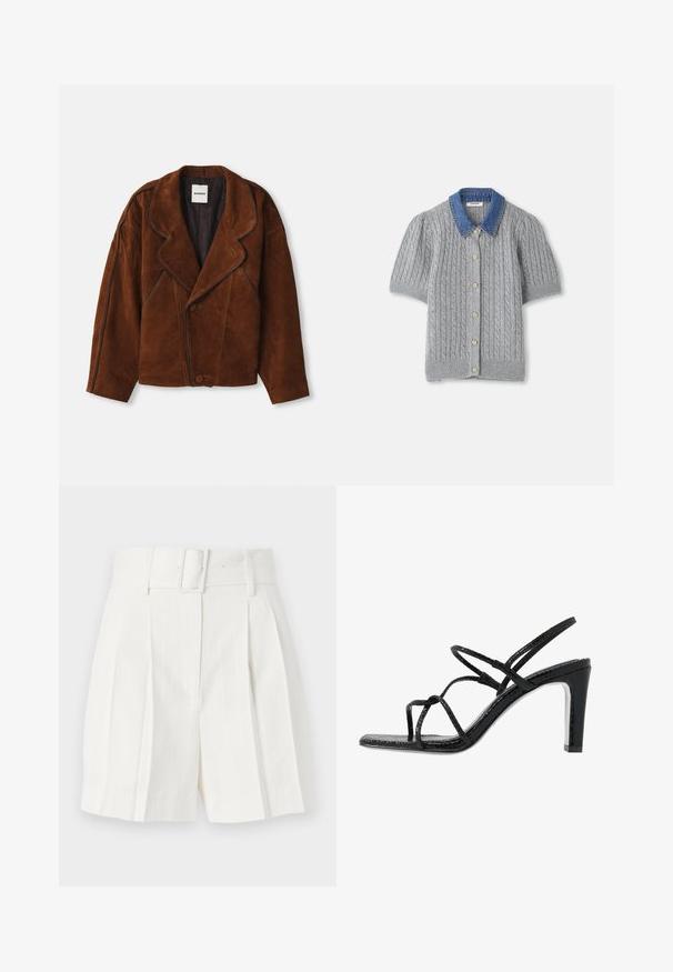 Hnědá suede bunda s vykrojeným límcem, oversized střihem, dvouřadým zapínáním a kontrastním lemováním podél švů.; Šedý pletený cardigan s krátkým rukávem a vzorem kabel, s denimovým límcem a pěti zlatými knoflíky v přední části.; sandro RECOUPE BRIDAL CAVERNI - Šortky - ecru; Černé sandály na podpatku s tenkými pásky, strukturovaným povrchem, otevřenou špičkou a elegantním, špičatým designem podpatku. Obsahují hladkou stélku a lesklý povrch.